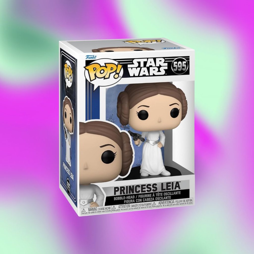 Funko Pop da Princesa Leia em fundo degrade roxo e verde