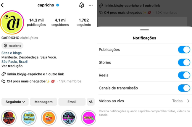 Página do Instagram da CAPRICHO