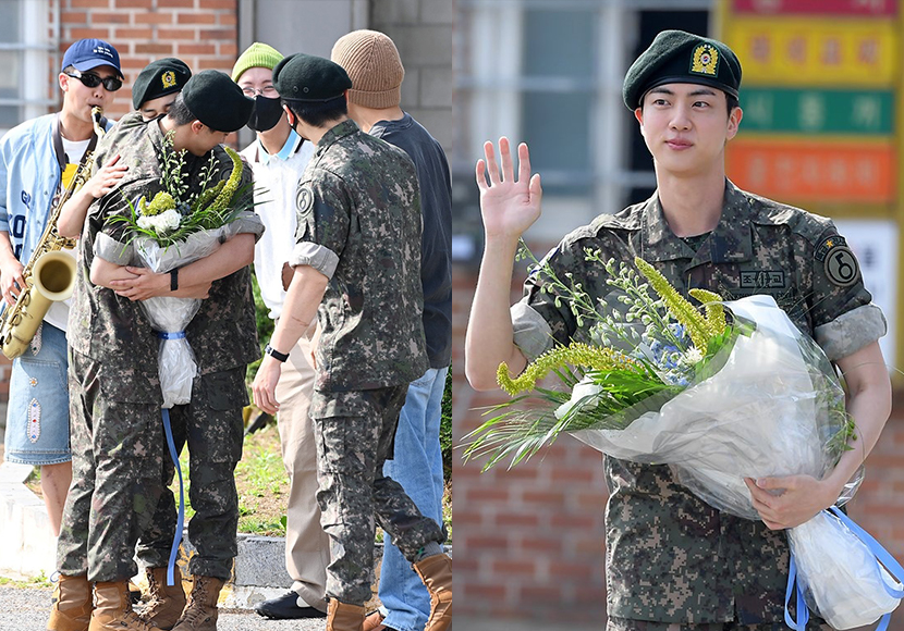 Jin é recebido pelos membros do BTS na saída do exército