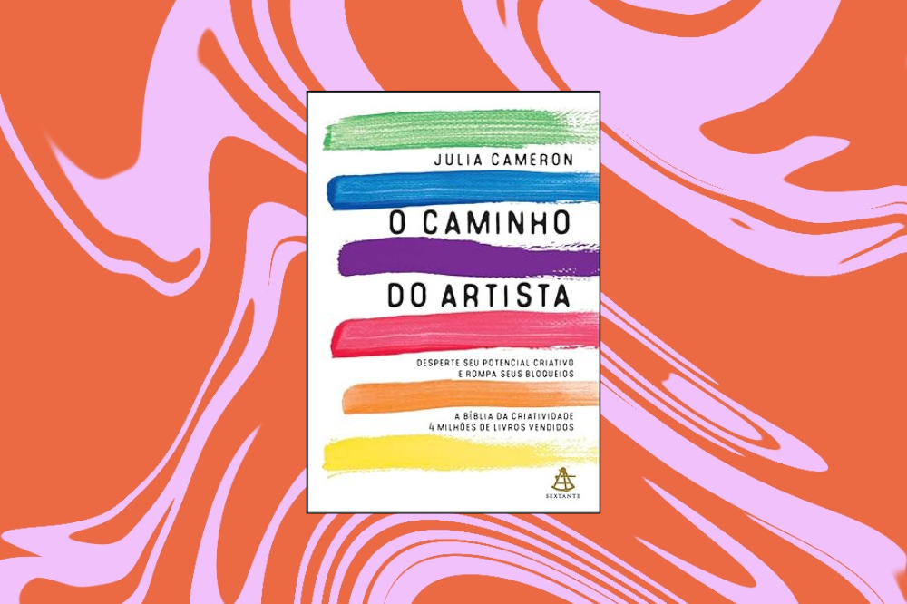 Imagem de um livro branco com listras horizontais da cor do arco-íris em um fundo rosa e laranja.