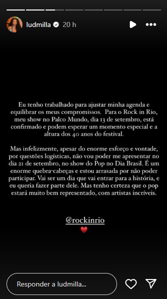 Ludmilla explica cancelamento de show no Rock in Rio 2024 Print do story de Ludmilla
