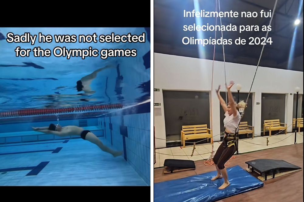 À esquerda, uma imagem de um menino dentro de uma piscina e, à direita, uma mulher loira está com suportes para fazer saltos de ginástica.