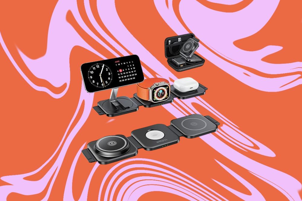 Os carregadores mais legais que encontramos na Amazon Imagem de um carregador de celular, fone e relógio, em um fundo laranja e rosa.