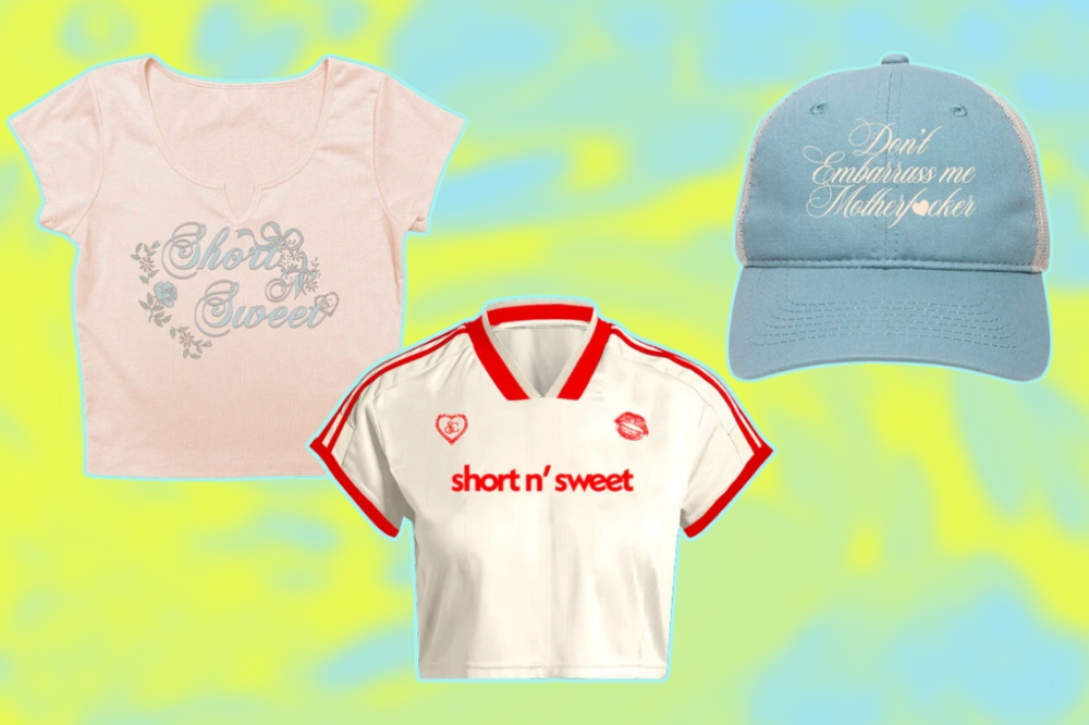 Top croppeds e boné do merch oficial de Short n' Sweet, álbum da Sabrina Carpenter