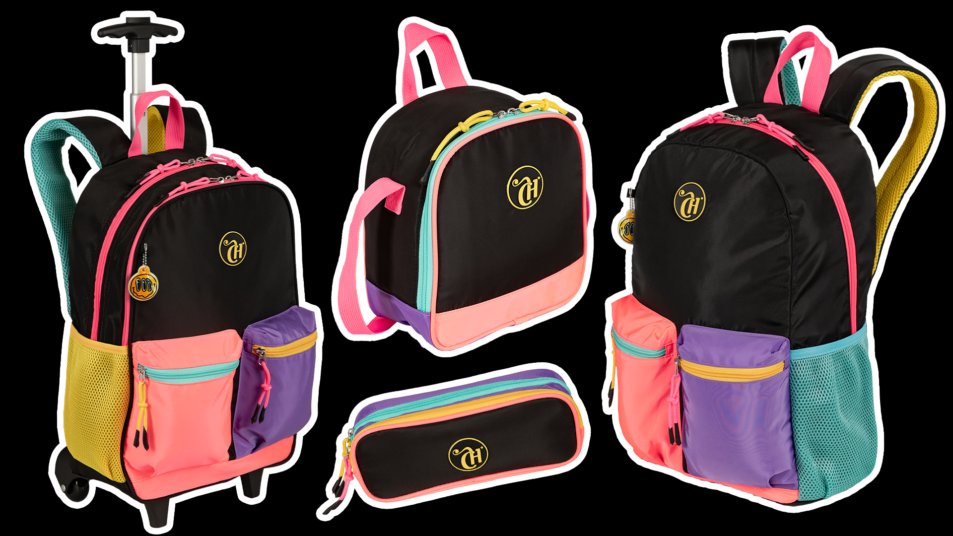 mochilas-sestini-capricho-VA-2024-4 Linha CAPRICHO Contrast; colagem com mochilas e estojos na cor preta com detalhes coloridos em rosa, roxo e laranja com o logo em amarelo